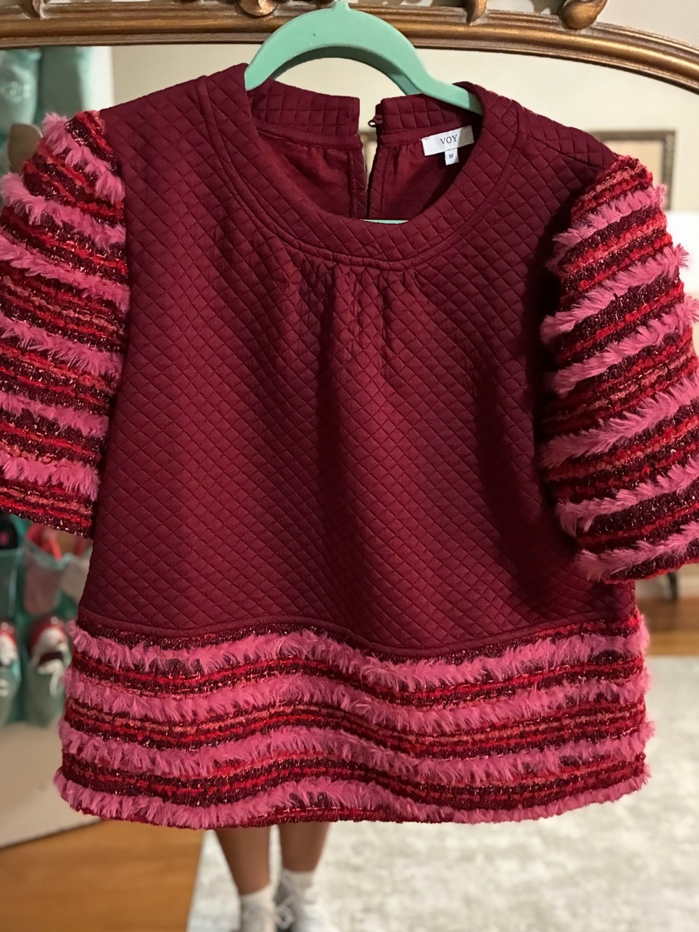 Girls Quilted Burgundy & Pink Fringe Sleeve Sweater Top